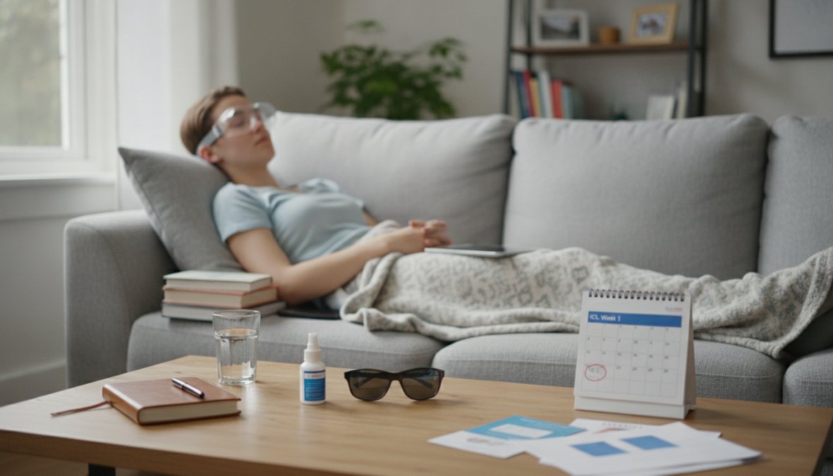 A patient resting comfortably on a couch at home wearing clear protective eye shields, with a pair of sunglasses and a bottle of prescription eye drops on the side table nearby, soft afternoon light coming through a window