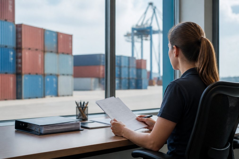 Logistics professional reviewing shipment details on computer screen in modern shipping office with containers visible through window, natural daylight streaming in