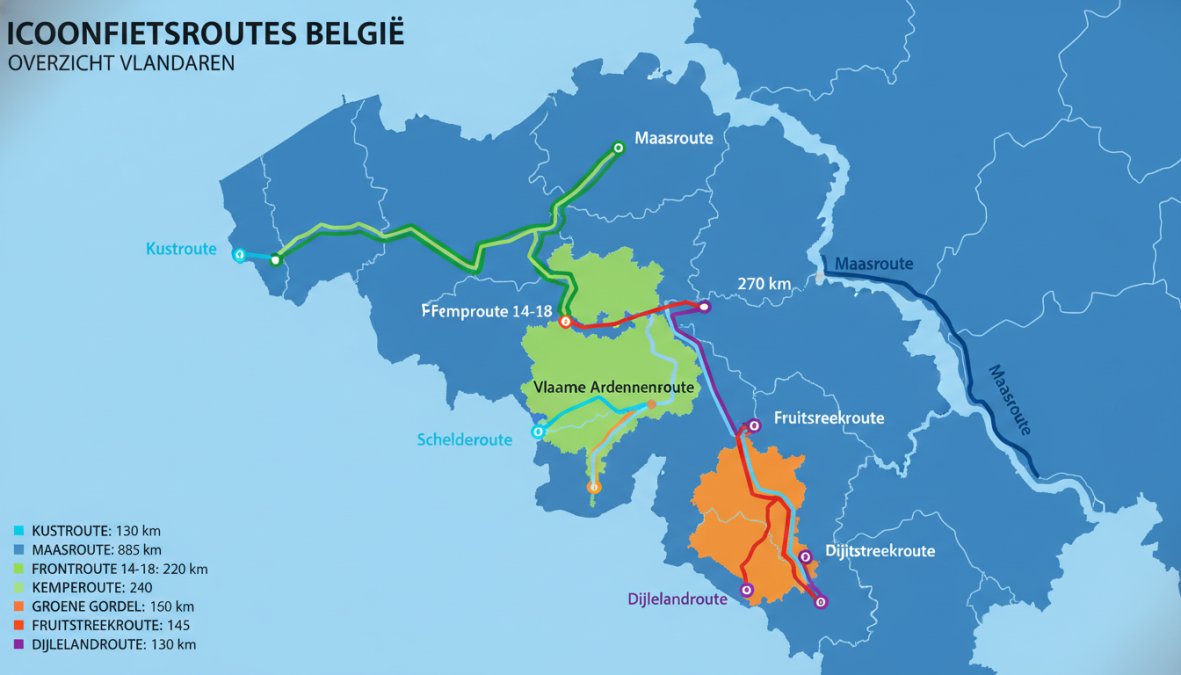 Kaartdiagram van Vlaanderen met 9 icoonfietsroutes in verschillende kleuren: Kustroute 130 km, Maasroute 185 km, Frontroute 14-18 220 km, Kempenroute 270 km, Schelderoute 240 km, Groene Gordelroute 150 km, Vlaamse Ardennenroute 160 km, Fruitstreekroute 145 km, Dijlelandroute 130 km