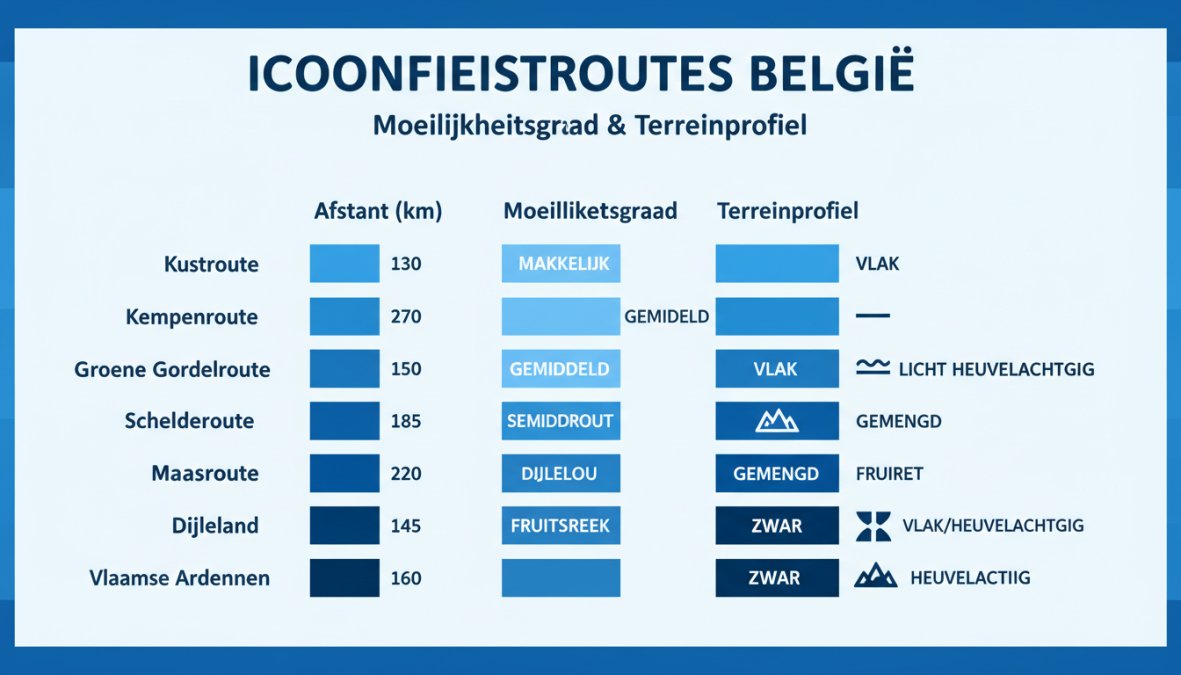 Vergelijkingsmatrix van 9 icoonfietsroutes: Kustroute 130 km makkelijk vlak, Kempenroute 270 km makkelijk vlak, Groene Gordelroute 150 km gemiddeld licht heuvelachtig, Schelderoute 240 km gemiddeld gemengd, Maasroute 185 km gemiddeld vlak/heuvelachtig, Frontroute 220 km gemiddeld gemengd, Dijleland 130 km gemiddeld licht heuvelachtig, Fruitstreek 145 km gemiddeld gemengd, Vlaamse Ardennen 160 km zwaar heuvelachtig