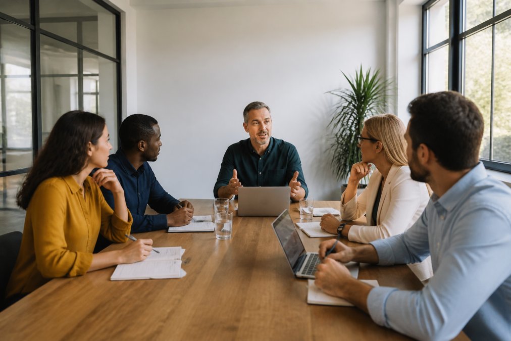 Group of managers in business casual attire seated around a wooden table in a bright, modern training room, engaged in discussion with notepads and laptops in front of them, a professional trainer facilitating conversation from the head of the table