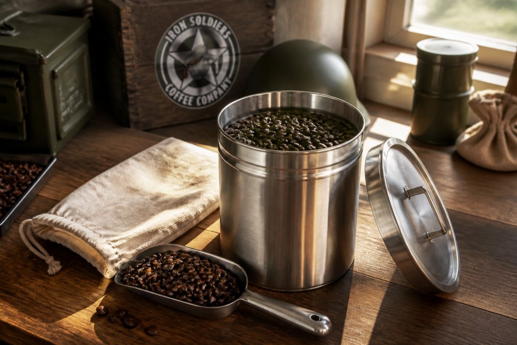 A stainless steel coffee canister with an engraved logo sitting open on a wooden kitchen counter, filled with whole coffee beans, with a cotton refill bag and a scoop of beans beside it in natural window light