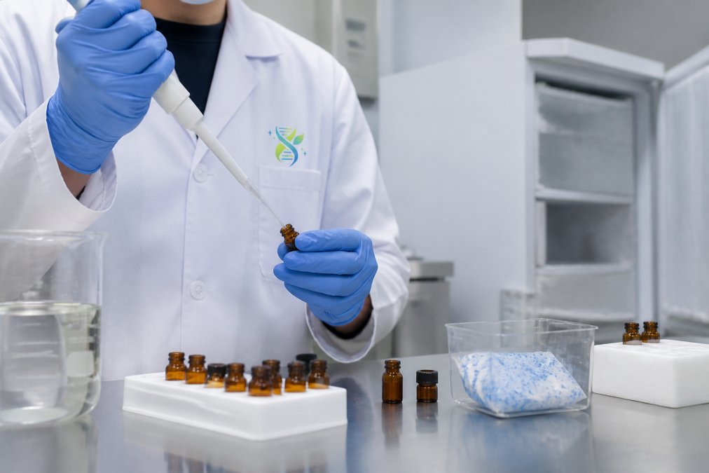 Researcher's hands carefully aliquoting a peptide solution into small amber vials using a sterile pipette, with a -20°C freezer visible in the background and desiccant containers on the laboratory bench, under bright laboratory lighting