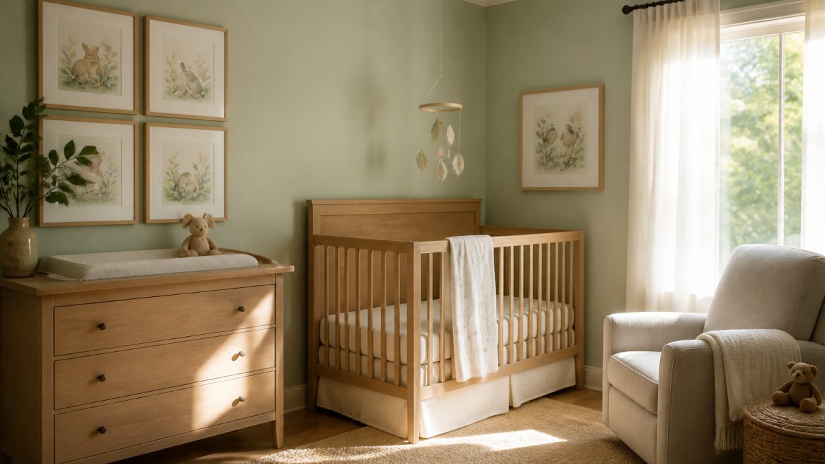 A serene nursery with soft sage-green walls, a natural wood crib with white bedding, delicate watercolor art above the changing table, and warm sunlight streaming through gauzy white curtains