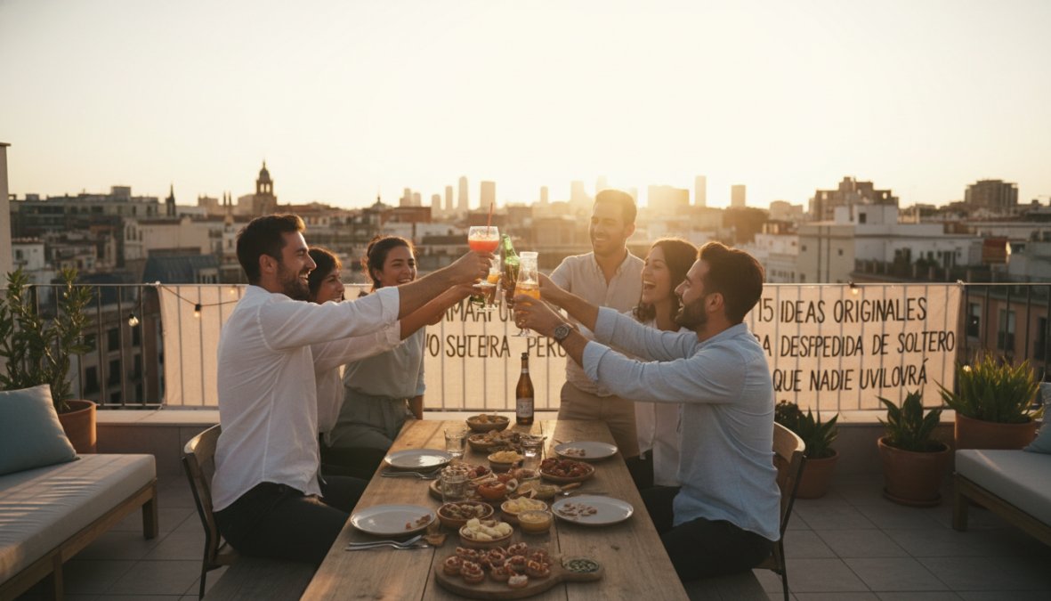 Grupo de ocho amigos brindando con copas de champán en una terraza al atardecer, con luces cálidas de guirnaldas y el mar de fondo, todos sonriendo y mirando a la cámara