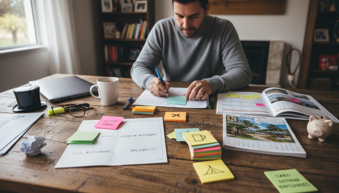 Persona sentada en una mesa de madera con un cuaderno abierto lleno de notas, una laptop encendida y notas adhesivas de colores pegadas en la pared, con una taza de café al lado, en un ambiente de trabajo organizado con luz natural