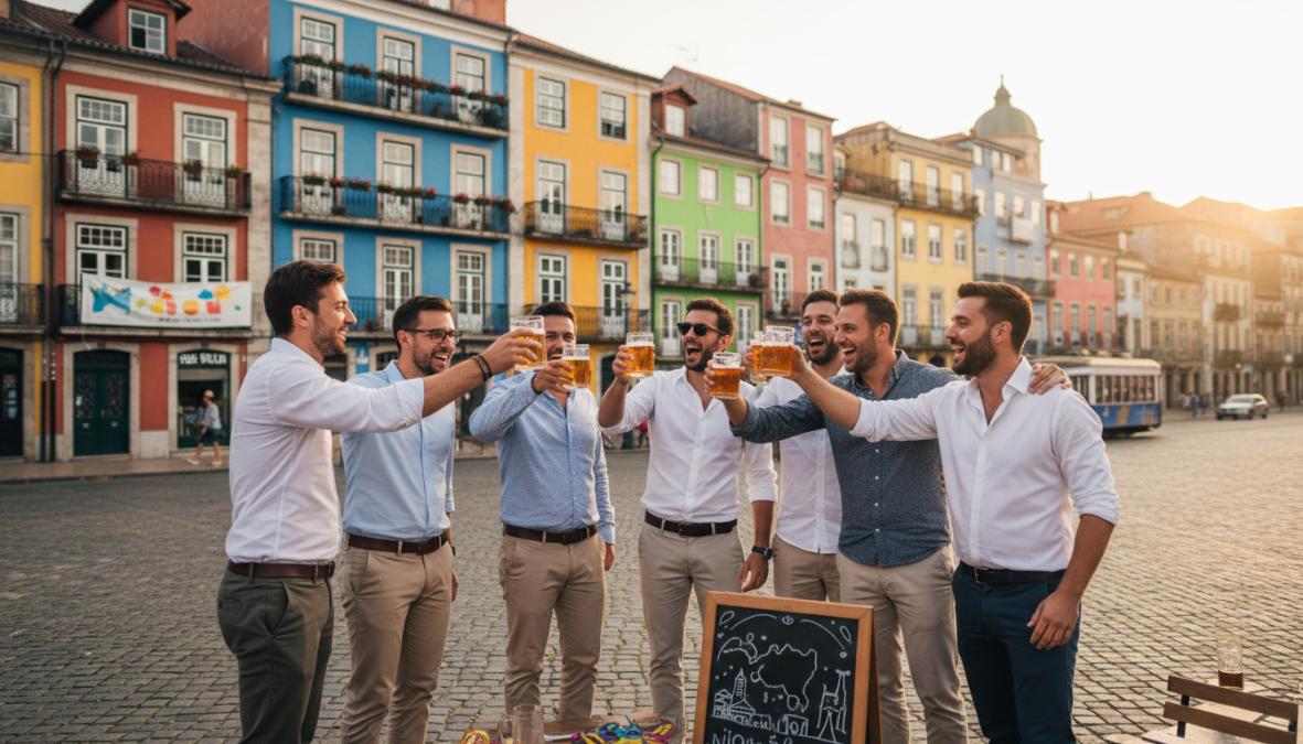 Group of friends celebrating a bachelor party outdoors in a vibrant European city square, raising drinks and laughing, with colorful architecture in the background, warm golden hour lighting