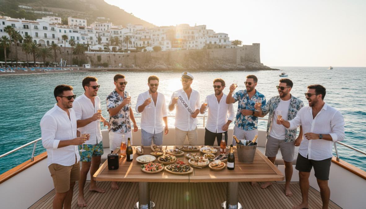 Group of young men and women cheering on the deck of a private yacht on a sunny Mediterranean coast, with clear turquoise water and bright midday sunlight