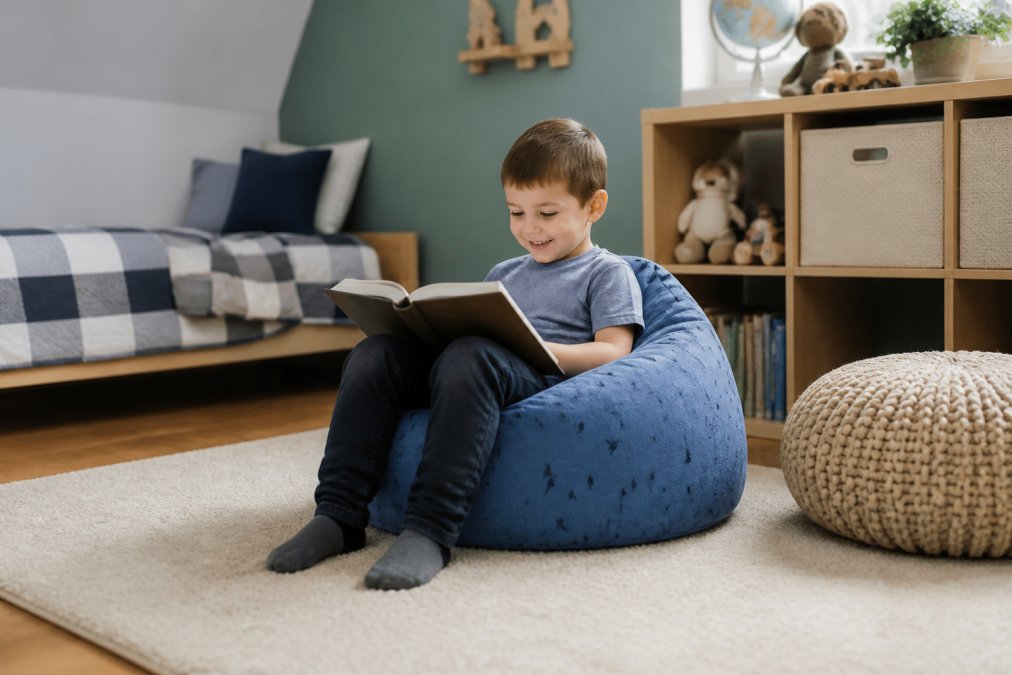 Un enfant assis confortablement sur un pouf coloré dans une chambre bien aménagée, souriant et lisant un livre, montrant la posture détendue et le confort du mobilier