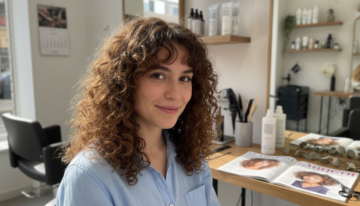 Donna con capelli ricci medi castani e frangia a tendina ben definita fotografata di fronte in un salone luminoso con luce naturale che esalta il volume e la texture dei ricci mossi