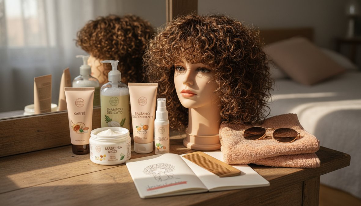 Selezione di prodotti per capelli ricci disposti su un ripiano bianco laccato: crema modellante, nebulizzatore trasparente, asciugamano in microfibra e spazzola ergonomica, fotografati in stile flat lay con luce morbida diffusa da finestra laterale