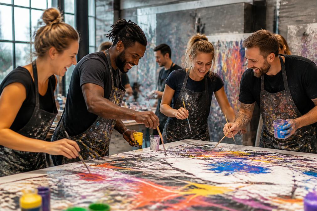 Eine Gruppe von Mitarbeitern beim Action Painting Workshop, wie sie fröhlich mit Farben und Pinseln arbeiten, miteinander lachen und gemeinsam dynamische Kunstwerke erschaffen in inspirierender Studio-Atmosphäre