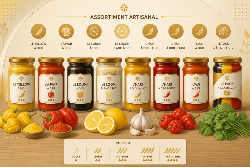 Assortiment de pots de pâtes artisanales colorées (rouges, jaunes, noires) disposés sur une table en bois, avec des ingrédients frais autour : piments habanero, citrons, ail, coriandre fraîche