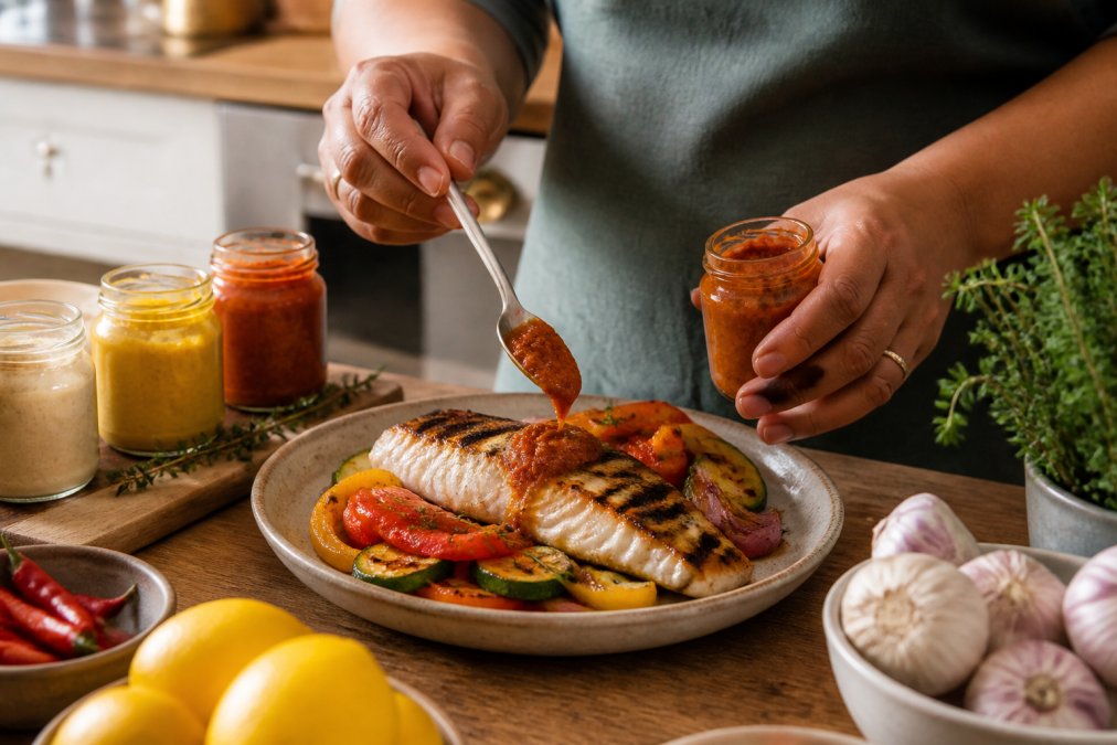 Mains d'une personne préparant un plat avec une pâte de piment artisanale, versant le condiment dans une assiette de poisson grillé ou légumes colorés, ambiance cuisine chaleureuse et accueillante