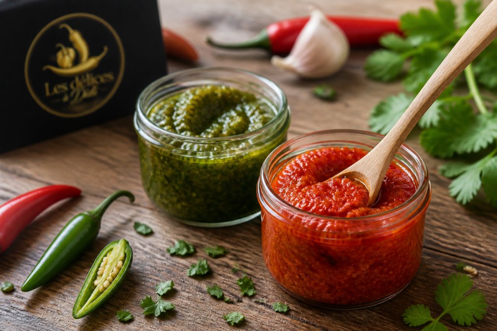 Plan rapproché d'un bol de pâte de piment artisanale rouge et verte dans des petits pots en verre, avec une cuillère en bois, des piments frais et des herbes ciselées sur une table en bois rustique, lumière naturelle chaleureuse
