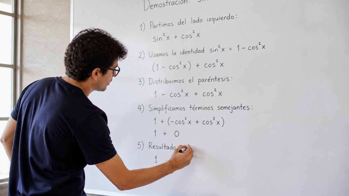Estudiante escribiendo pasos de demostración trigonométrica en una pizarra blanca, con fórmulas y ecuaciones visibles, explicando cada transformación con claridad