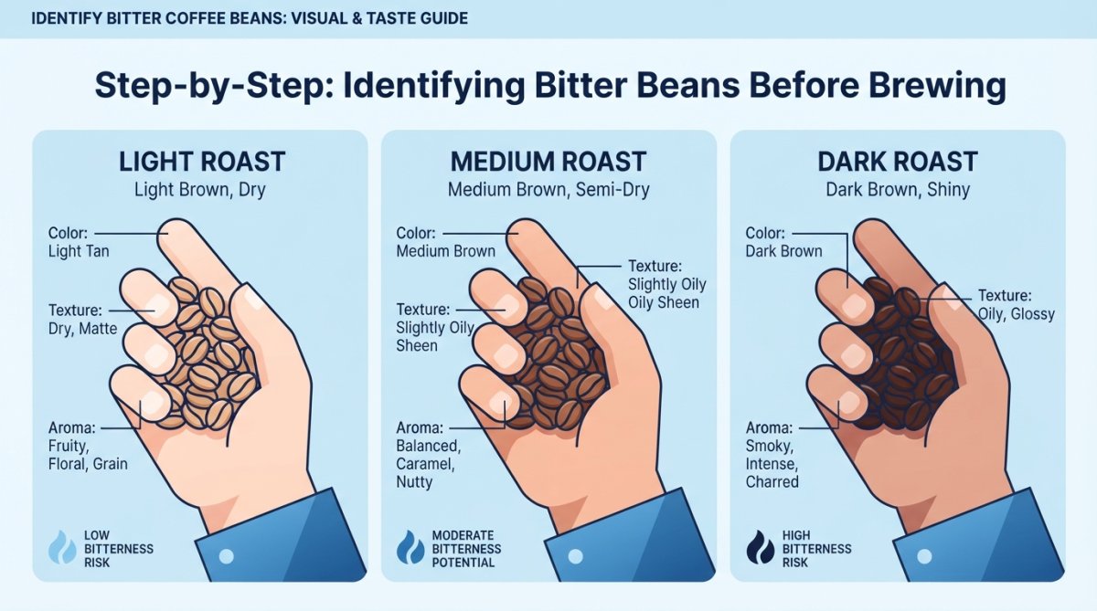 Close-up of hands holding and comparing coffee beans of different roast levels side by side, showing color variation from light tan to dark brown, natural lighting highlighting surface texture and sheen differences
