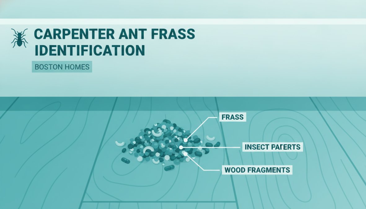 Close-up photograph of carpenter ant frass on wood surface showing granular texture, light tan color, and visible wood fiber pieces next to a penny for scale