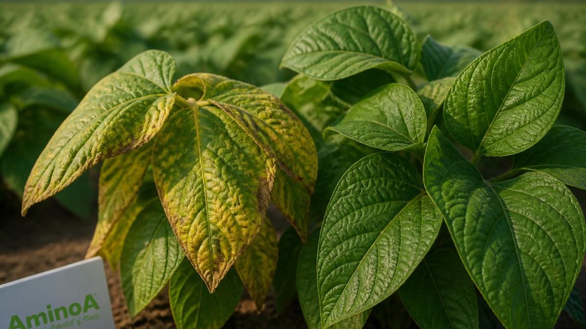 Close-up of crop leaves showing early yellowing at edges and slight wilting, with green healthy leaves visible beside them in morning field light