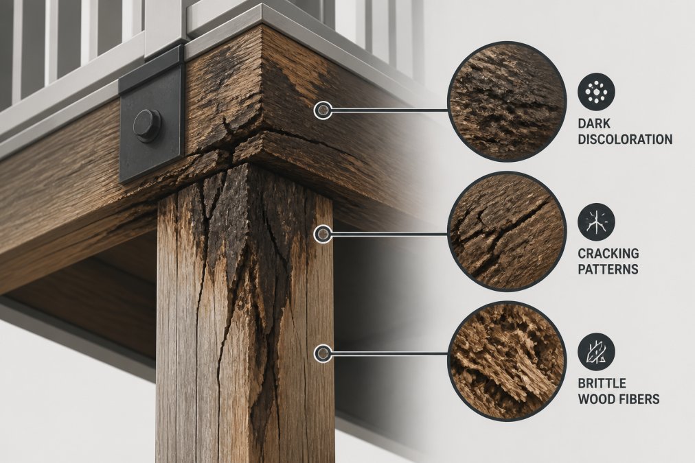 Close-up of wooden balcony support showing visible dark discoloration, cracking patterns, and surface deterioration with brittle wood fibers, photographed in natural daylight