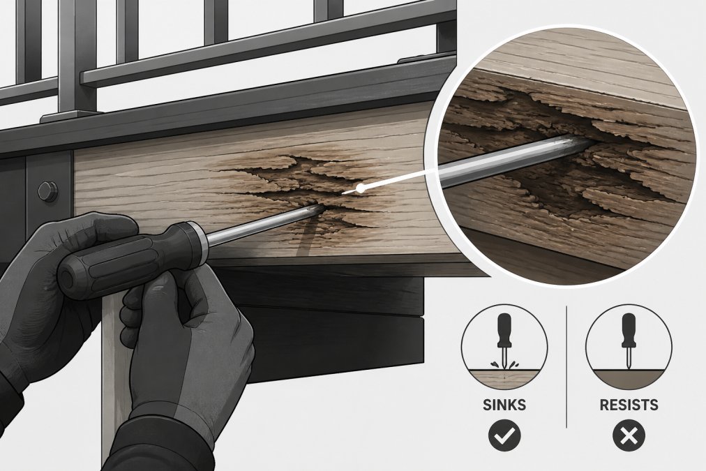 Inspector's hands performing screwdriver penetration test on wooden joist, showing tool sinking into soft wood fiber area with visible decay discoloration, photographed in clear daylight