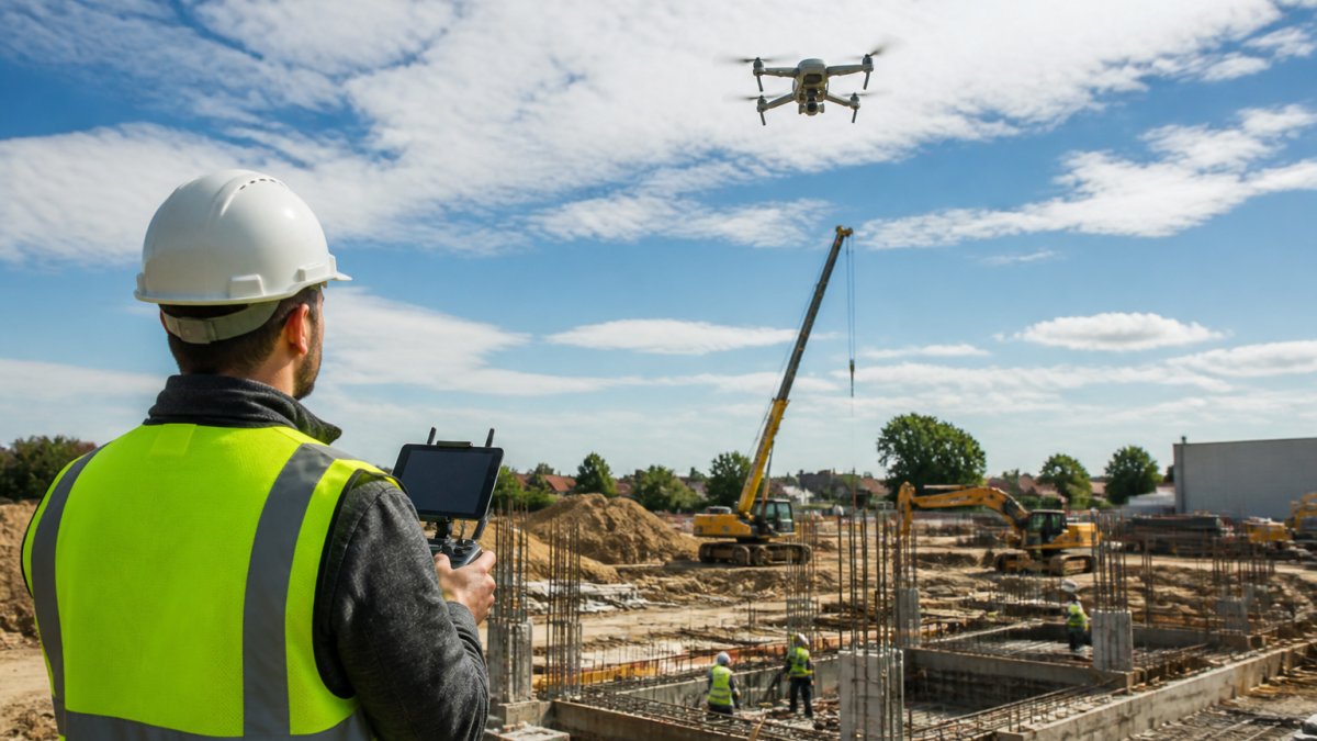 Professional drone operator launching quadcopter above active construction site with heavy equipment and workers visible below, capturing aerial perspective with clear sky