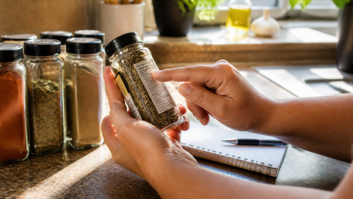Close-up of hands examining a spice jar label, checking ingredient list and allergen statements, with multiple labeled spice containers visible on a clean kitchen counter with natural morning light