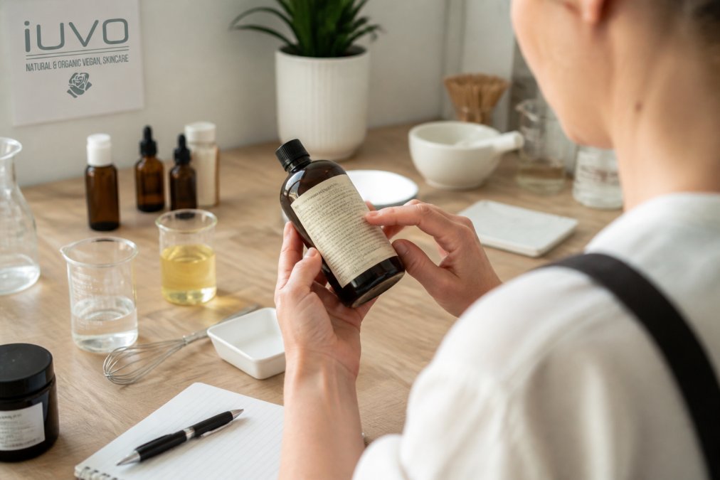 Person reading the ingredient label on a skincare bottle to identify greenwashing in skincare in a bright room.