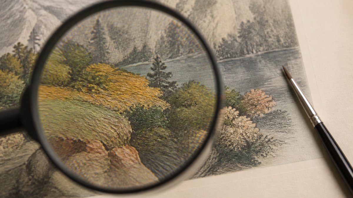 Diagram showing how to identify hand-applied pigment and brushwork on lithographs using a magnifying glass.
