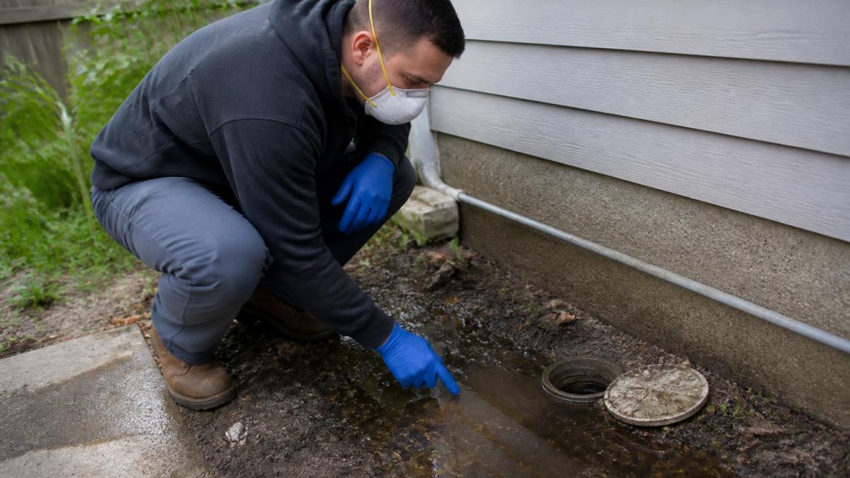 Homeowner wearing protective gloves and N95 mask carefully examining yard drainage area near sewer cleanout, with soggy soil visible and foundation in background