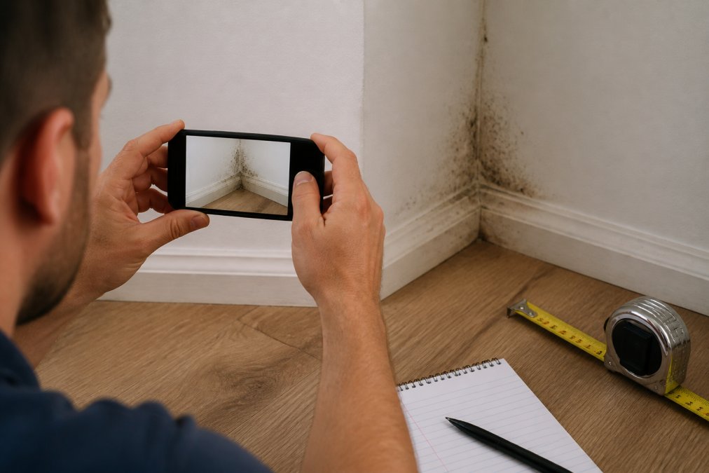 Homeowner photographing visible mold damage on a drywall corner with a smartphone, with a metal measuring tape and lined notepad visible on a wooden floor for scale and documentation