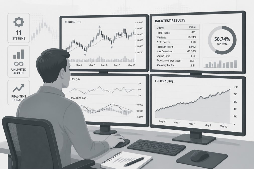 Trader at a desk with multiple monitors displaying candlestick charts and technical analysis software, reviewing backtesting results with a spreadsheet showing win rates and drawdown metrics