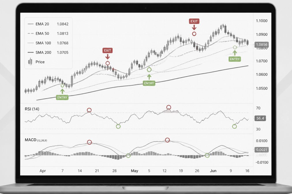 Close-up of a laptop screen showing overlapping technical indicators on a candlestick chart with entry points marked in green and exit points marked in red, displaying multiple moving averages and momentum oscillators