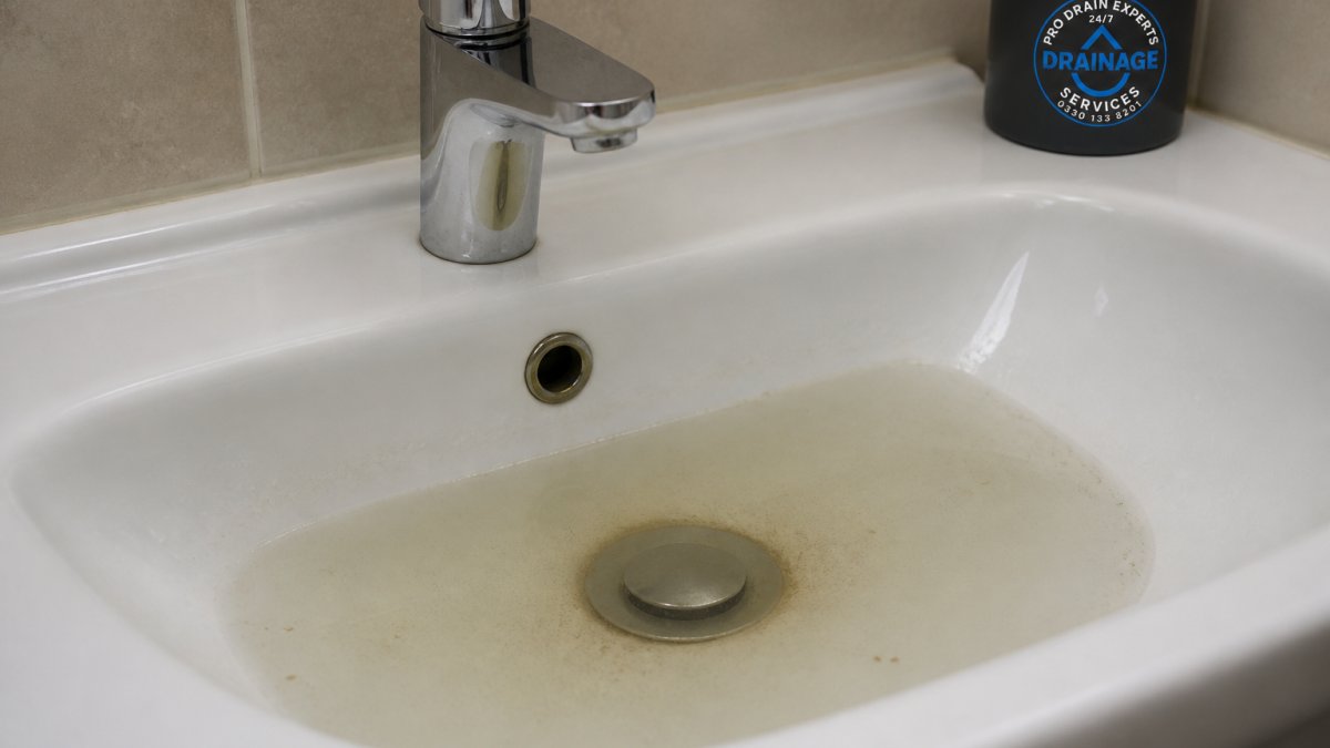 Close-up of a slow-draining bathroom sink with water pooling in the white ceramic basin, showing visible water buildup and staining around the drain opening