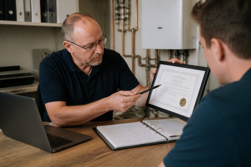 Professional demonstrating how to identify unbiased HVAC advice by reviewing credentials and certifications at a desk with laptop showing professional qualifications and clipboard with technical notes