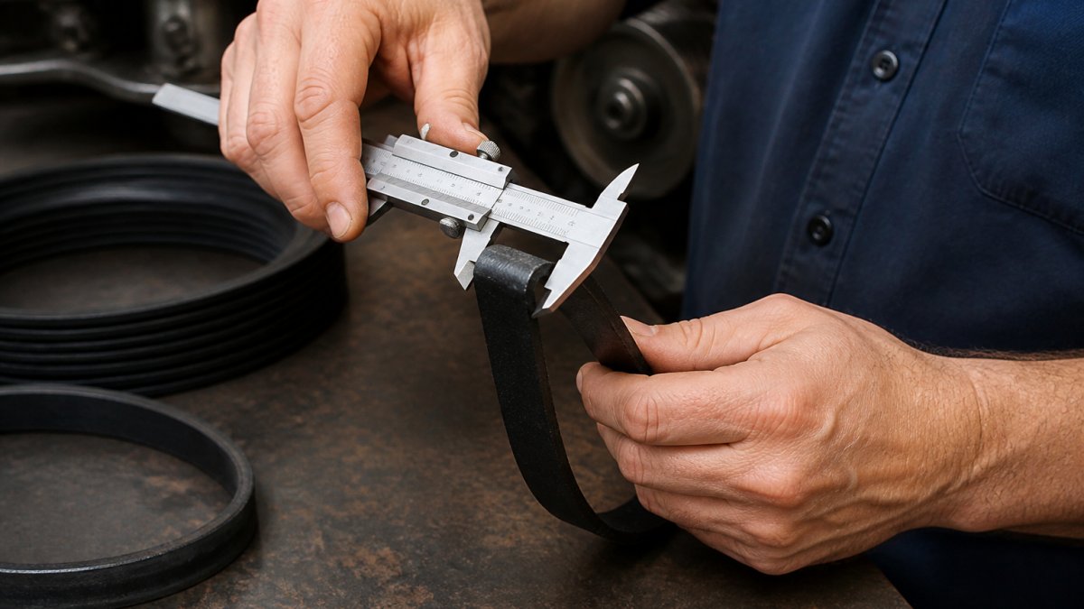 Using a digital caliper to measure top width to identify V-belt cross section dimensions on a workbench.
