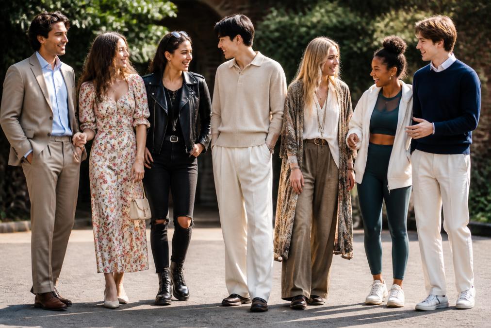 A diverse group of young adults wearing distinct outfits representing different style archetypes: one in classic tailored pieces, one in romantic florals, one in edgy black leather, one in minimalist neutral tones, one in bohemian layers, one in sporty athleisure, and one in preppy collared styles, all posing together in natural lighting