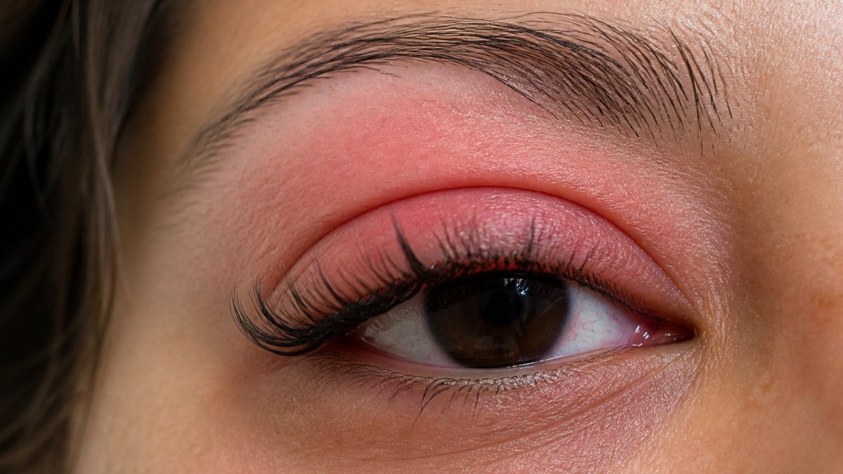 Close-up of an eye showing mild redness and swelling around the upper eyelid area with visible irritation at the lash line, demonstrating early signs of an allergic reaction to lash extension adhesive