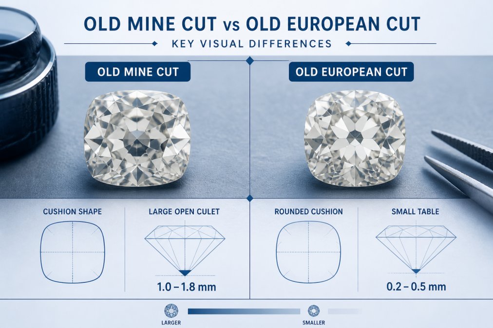 Two antique cut diamonds positioned side by side on a jeweler's work surface, displaying contrasting cushion shapes and facet patterns under professional task lighting, with one showing a larger open culet and the other a smaller table