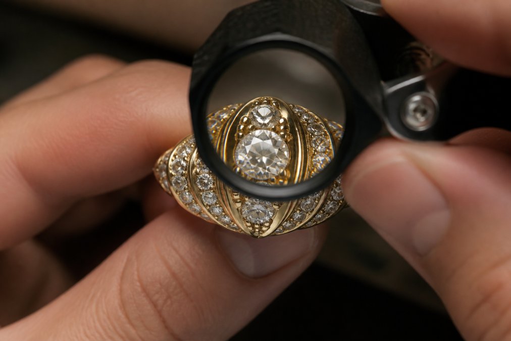 Jeweler examining an antique diamond under a 10x loupe magnification, close-up view showing the open culet facet and frosted girdle surface with visible hand-cut irregularities and microscopic wear patterns under professional lighting