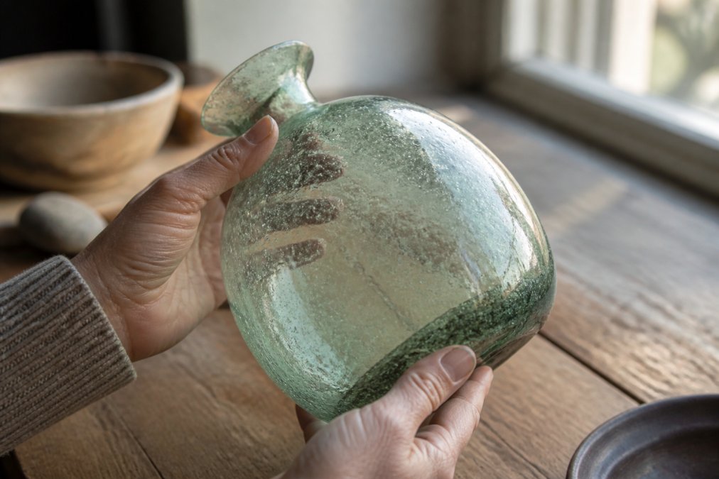 Close-up photograph of hands turning a hand-blown glass vessel toward soft window light, revealing tiny bubbles and a scavo surface texture on a wooden table