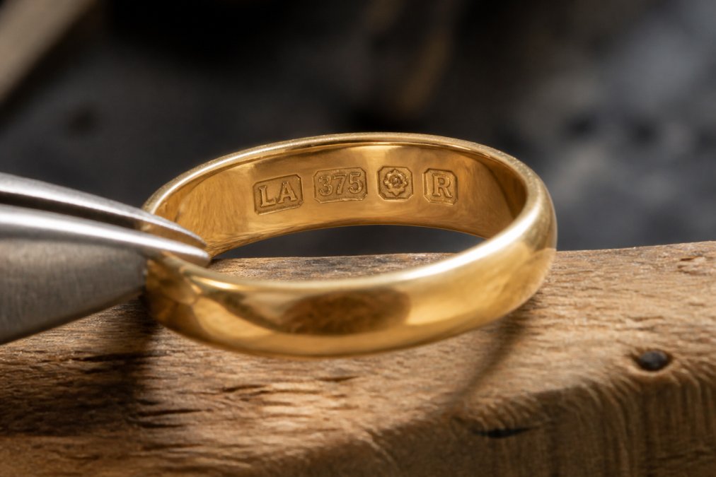Close-up macro photography of a hallmarked gold ring showing clear sponsor's mark, fineness symbol, assay office mark, and date letter under bright studio lighting on a jeweller's workbench