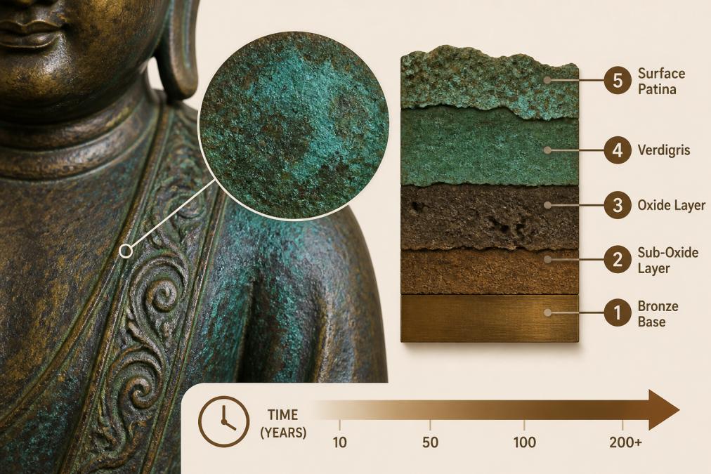Nahaufnahme einer tiefen Grünspan-Patina und Oxidationsschichten auf der Oberfläche einer gealterten buddhistischen Bronzestatue, die eine satte blaugrüne Färbung mit dunkleren braunen Untertönen und natürlichen Verwitterungsmustern zeigt