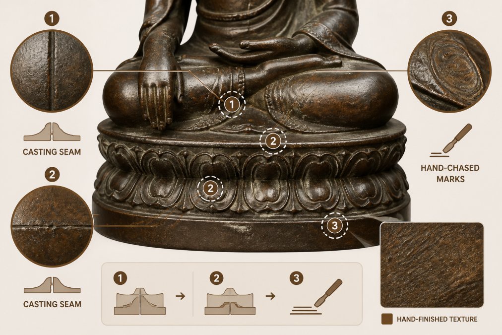 Detaillierte Makroaufnahme sichtbarer Gussnähte und handgemeißelter Markierungen am Sockel und Unterkörper einer gealterten Bronzestatue, die feine Werkzeugarbeiten und die natürlichen Variationen handgefertigter Metallarbeiten zeigt