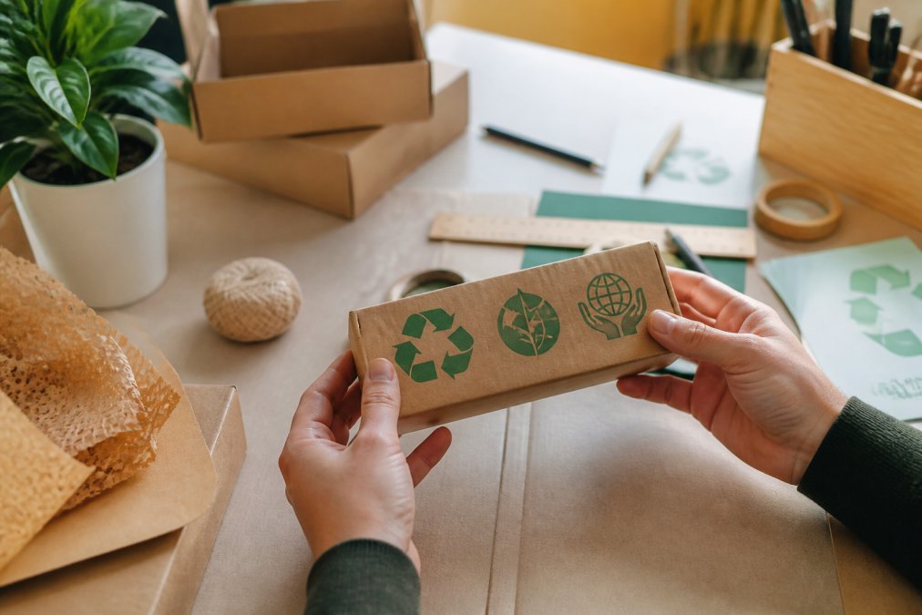 Close-up of hands holding a product box with visible certification logos and eco-labels, examining the packaging details in natural daylight
