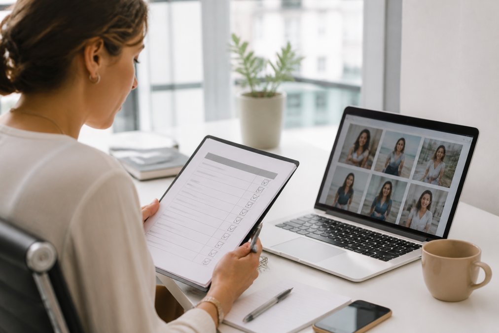 A marketing manager reviewing a printed checklist on a tablet in a bright modern office, with influencer profile pages open on a laptop screen beside her, natural daylight from a window