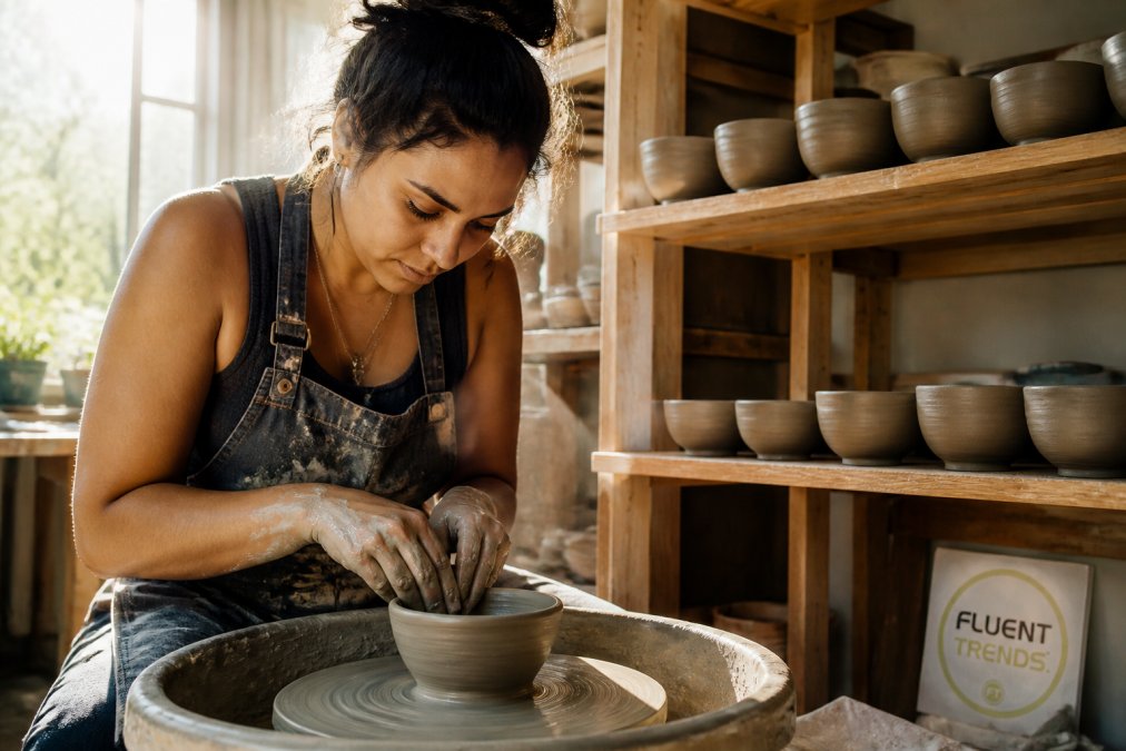 Close-up of a woman artisan's hands shaping wet clay on a pottery wheel, warm afternoon light through a workshop window, finished bowls drying on wooden shelves behind her