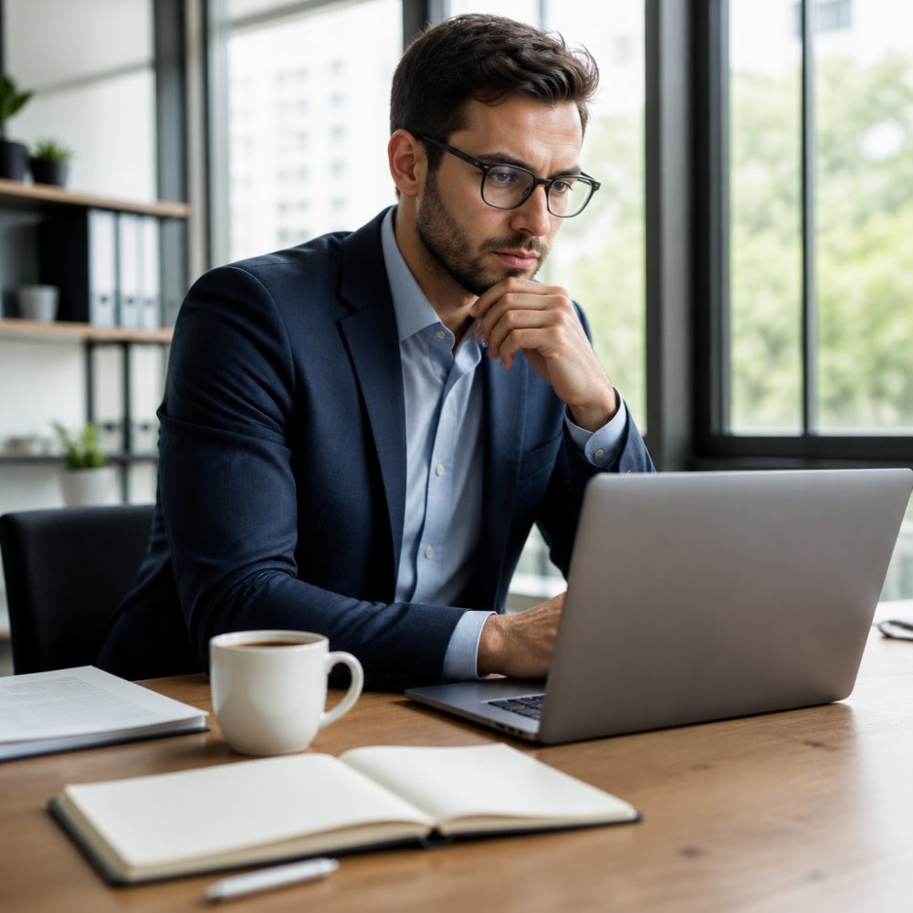 Sales professional reviewing prospect activity and buying intent signals on laptop screen in modern office, with notepad and coffee on desk, natural window lighting
