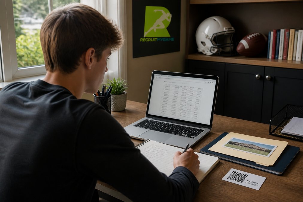 Student-athlete reviewing coach contact info to secure college athletic scholarship opportunities on a laptop