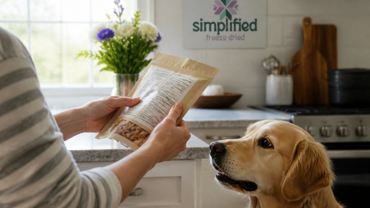 Close-up of a pet owner's hands holding a dog treat bag and reading the ingredient label while a dog waits patiently beside them in a bright kitchen